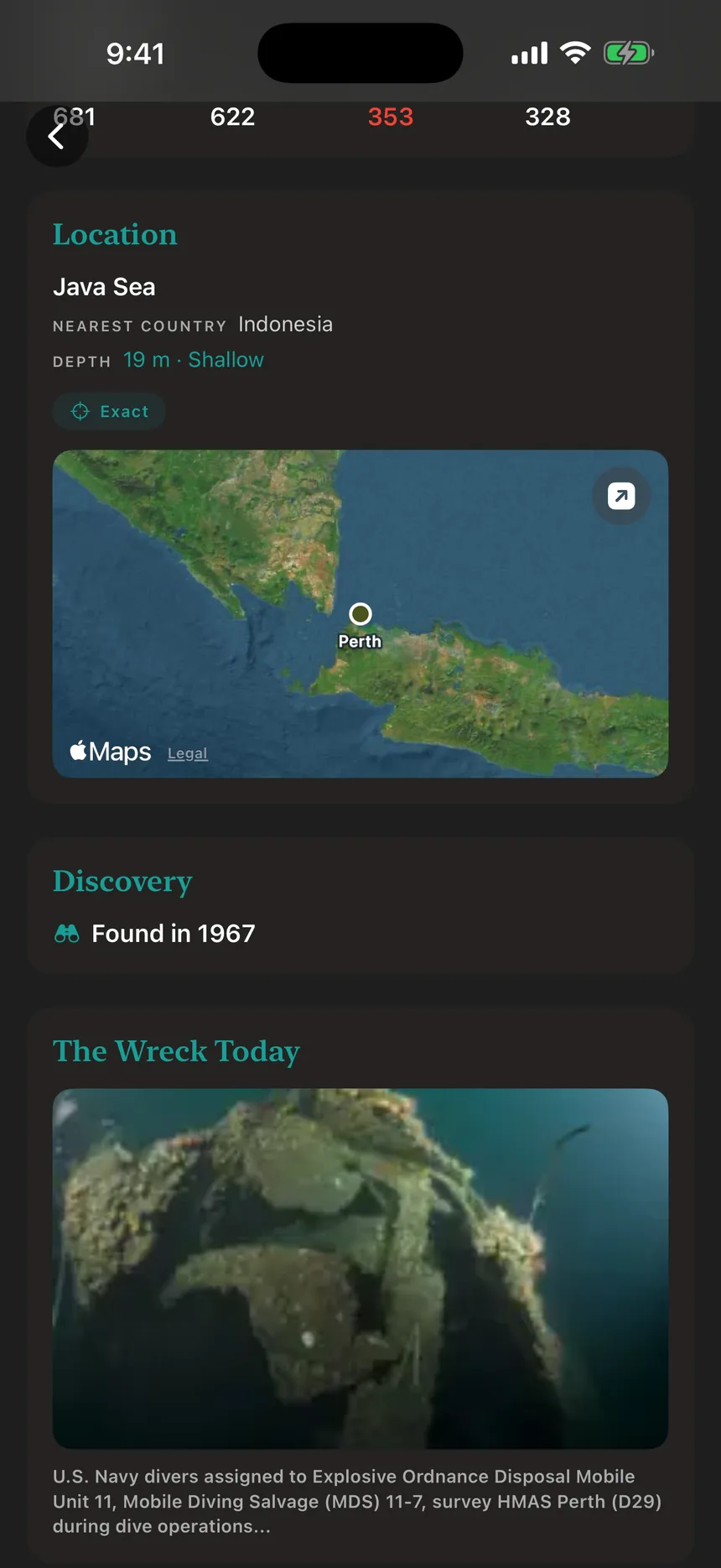 Discovery and The Wreck Today sections for HMAS Perth